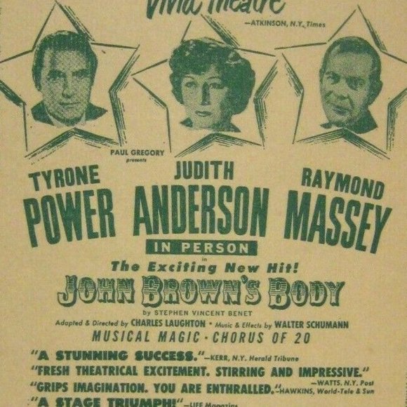 John Brown's Body FLYER 1953 Tyrone Power Judith Anderson Raymond Massey Theatre - Picture 2 of 3